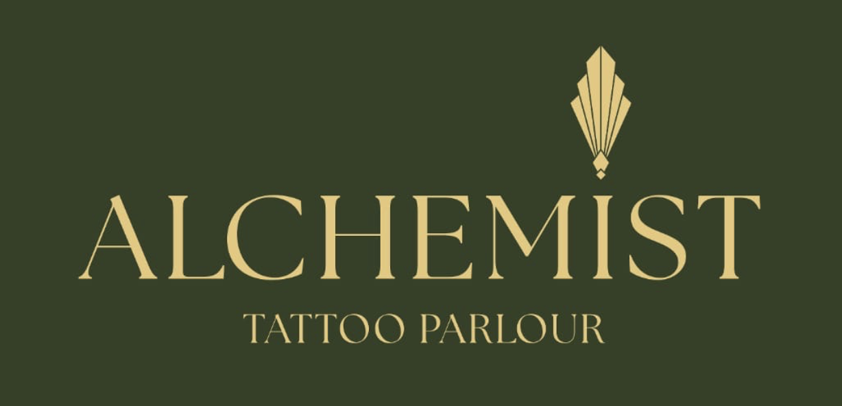Alchemist Tattoo Parlour logo: gold serif wordmark and Art Deco fan motif on olive