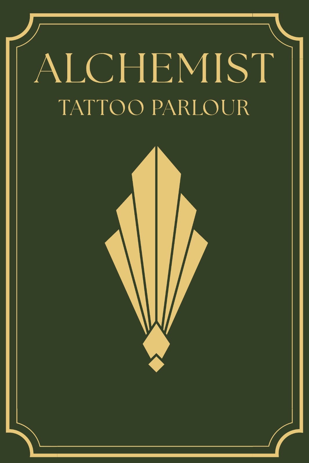 Portrait lockup: the wordmark above a large fan motif, inside a gold double-line frame with stepped Art Deco corners